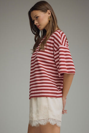 ENTRO INC Women's Top Ribbed Striped Short Sleeve Top