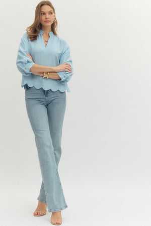 ENTRO INC Women's Top Solid 3/4 Sleeve Scallop Hem V-Cut Top