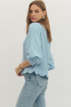 ENTRO INC Women's Top Solid 3/4 Sleeve Scallop Hem V-Cut Top