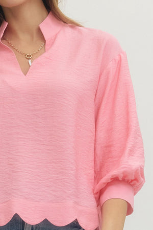 ENTRO INC Women's Top Solid 3/4 Sleeve Scallop Hem V-Cut Top