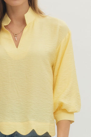 ENTRO INC Women's Top Solid 3/4 Sleeve Scallop Hem V-Cut Top