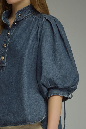 ENTRO INC Women's Top Solid ¾ Puff Sleeve Denim Top