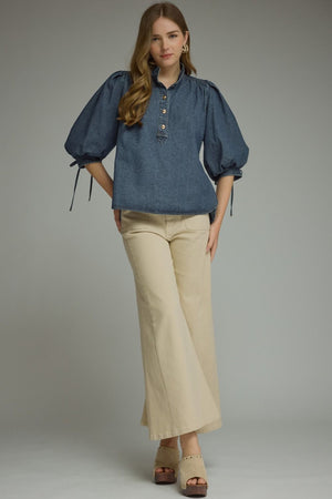 ENTRO INC Women's Top Solid ¾ Puff Sleeve Denim Top