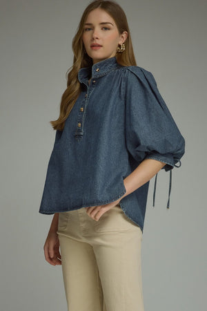 ENTRO INC Women's Top Solid ¾ Puff Sleeve Denim Top