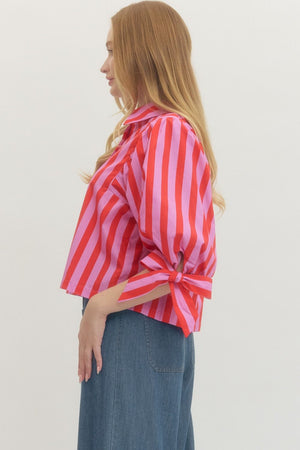 ENTRO INC Women's Top Striped 3/4 Puff Sleeve Woven Top