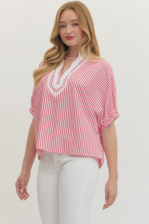 ENTRO INC Women's Top Striped Short Dolman Sleeve Top