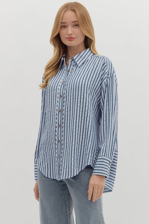 ENTRO INC Women's Top Textured Striped Long Sleeve Button Down Collar Shirt