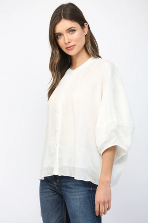 FATE BY LFD Women's Top Round Neckline Voluminous 3/4 Sleeve Linen Blouse