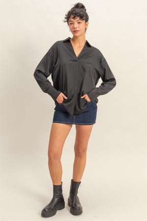 HYFVE INC. Women's Top Collared V-neck Satin Blouse