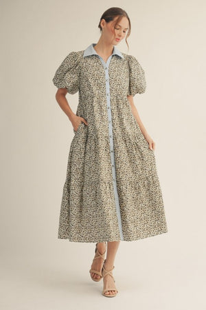 JODIFL Women's Dresses Button Down Tiered Leopard Midi Dress