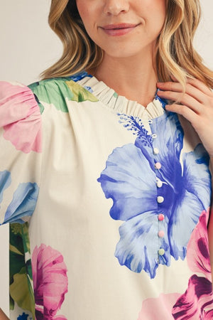 JODIFL Women's Dresses Ruffled Neckline Big Floral Print Midi Dress