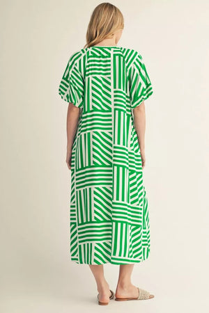 JODIFL Women's Dresses Short Puff Sleeves Geo Stripe Midi Dress