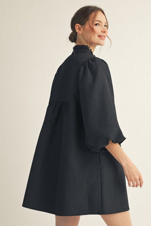 JODIFL Women's Dresses Solid Textured Balloon Sleeves Babydoll Dress