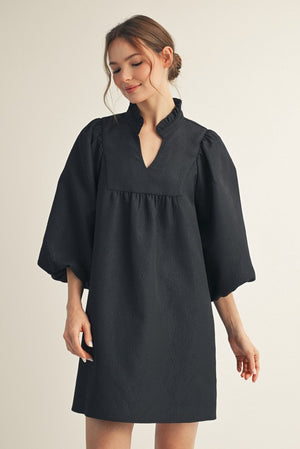 JODIFL Women's Dresses Solid Textured Balloon Sleeves Babydoll Dress