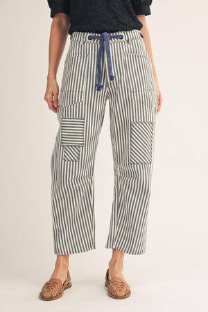 JODIFL Women's Pants Cotton Braid Drawstring Waist Stripe Barrel Pants