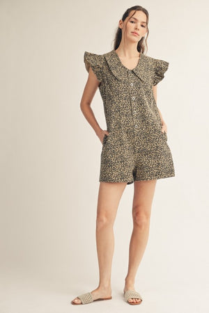 JODIFL Women's Romper Ruffled Cap Sleeves Button Down Leopard Romper