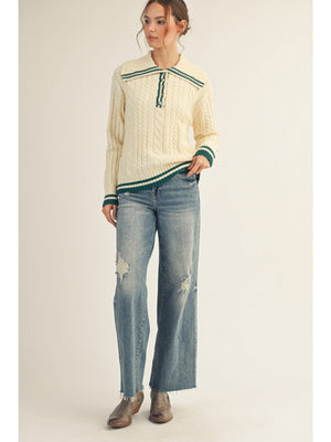 JODIFL Women's Sweaters Cable Knit Polo Sweater Top