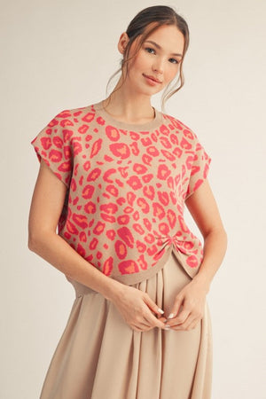 JODIFL Women's Sweaters Front Knot Accent Leopard Sweater Top