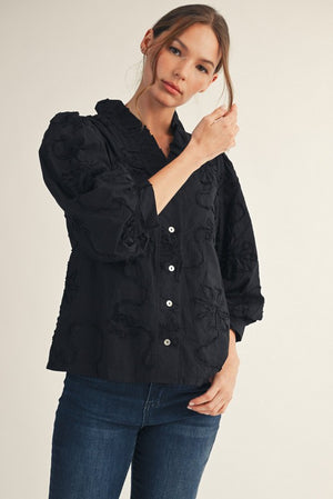 JODIFL Women's Top BLACK / S Button Down 3d Floral Top H12376