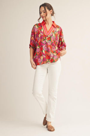 JODIFL Women's Top Drop Shoulder Floral Loose Fit Top