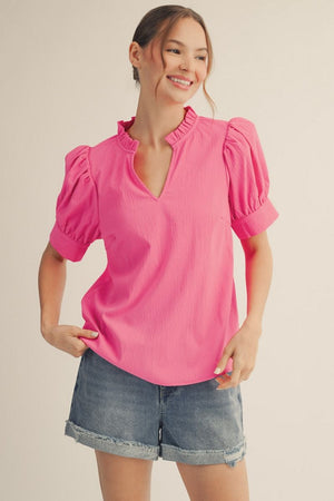 JODIFL Women's Top Puff Shoulder Ruffled Neckline Crinkle Solid Top