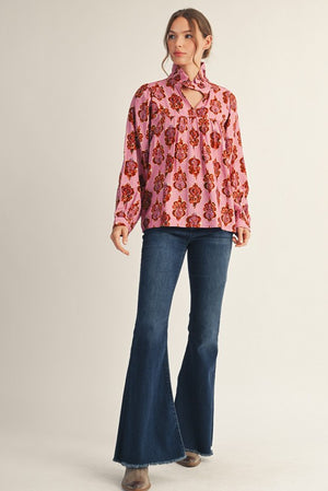 JODIFL Women's Top Ruffled High Neck Damask Print Top || David's Clothing