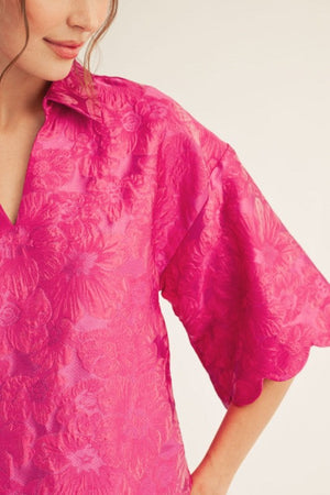 JODIFL Women's Top Scallop Edge Detail Floral Jacquard Top || David's Clothing