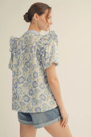 JODIFL Women's Top Short Puff Sleeves Floral Top