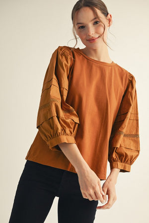 JODIFL Women's Top TOFFEE / S Ladder Lace 3/4 Sleeves Solid Top G14509