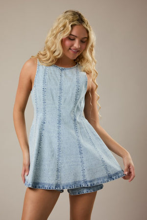 LELIS COLLECTION Women's Romper Round Neck Sleeveless Flare Denim Romper