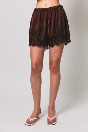 LELIS COLLECTION Women's Shorts CHOCOLAT / XS Elastic Waist Mid Rise Lace Trim Shorts | David's Clothing SP3533