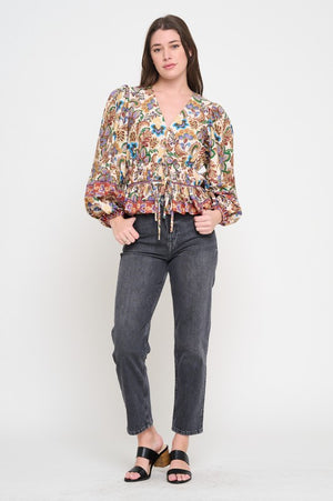 MEET ME IN SANTORINI Women's Top Regal Tapestry Long Sleeve Blouse || David's Clothing