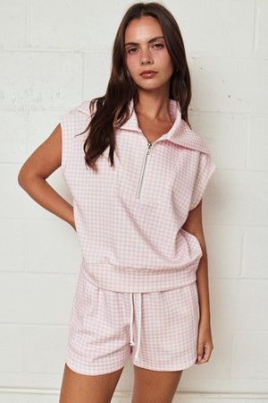 PAPER MOON Women's Set Gingham Quarter Zip Sleeveless Set