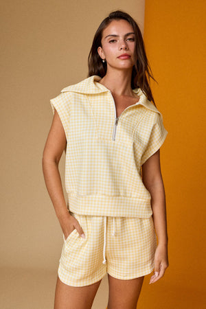 PAPER MOON Women's Set YELLOW / S Gingham Quarter Zip Sleeveless Set PX17846-3
