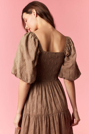 PEACH LOVE Women's Dresses Ditsy Eyelet Smocked Bow Front Bubble Sleeve Dress