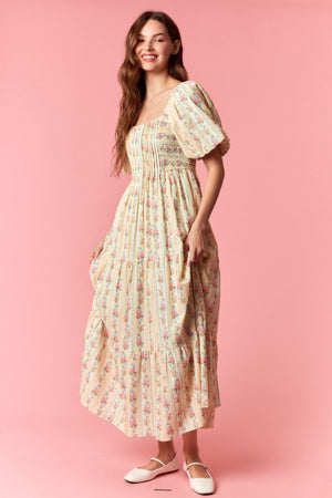 PEACH LOVE Women's Dresses Floral Stripe Mix Bubble Sleeve Smocked Maxi Dress