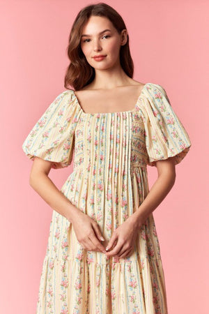 PEACH LOVE Women's Dresses Floral Stripe Mix Bubble Sleeve Smocked Maxi Dress