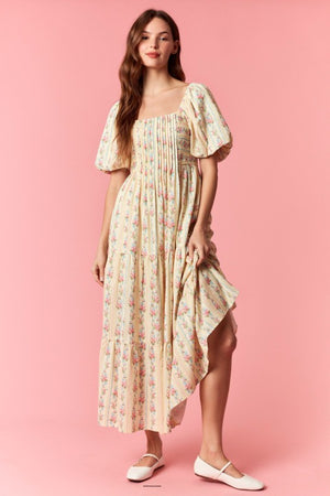 PEACH LOVE Women's Dresses Floral Stripe Mix Bubble Sleeve Smocked Maxi Dress