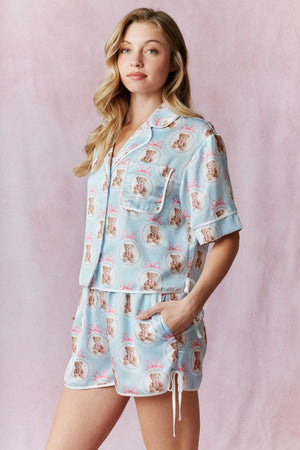 PEACH LOVE Women's Dresses Printed Contrast Tie Detail Satin Pajama Set || David's Clothing