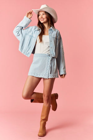 PEACH LOVE Women's Skirts Washed Frayed Denim Tape Detailed Wrap Skorts