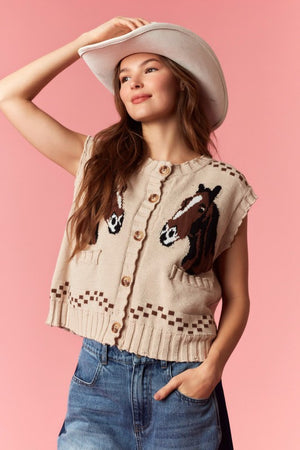 PEACH LOVE Women's Sweaters Horse And Horseshoe Detailed Knit Vest Cardigan