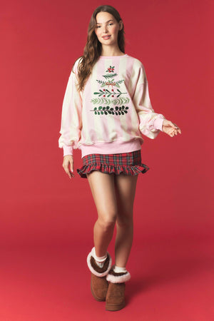 PEACH LOVE Women's Sweatshirts Stripe And Wreath Embroidery Fleeced Terry Sweatshirt