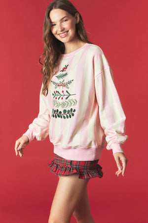 PEACH LOVE Women's Sweatshirts Stripe And Wreath Embroidery Fleeced Terry Sweatshirt