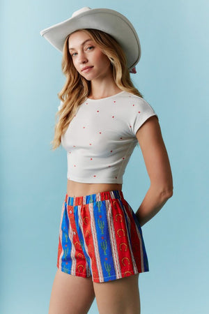 PEACH LOVE Women's Top Bow Ditsy Printed Pointelle Rib Cropped Top || David's Clothing