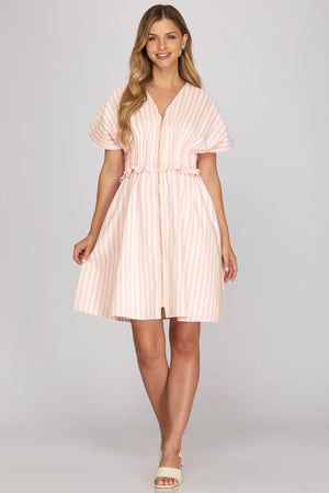 SHE AND SKY Women's Dresses Drop Shoulder Short Sleeve Stripe Woven Mini Dress