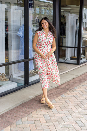 SHE AND SKY Women's Dresses Drop Shoulder Smocked Waist Front Zip Printed Midi Dress