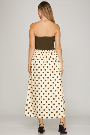 SHE AND SKY Women's Dresses Strapless Knit and Woven Combo Polka Dot Print Tube Midi Dress