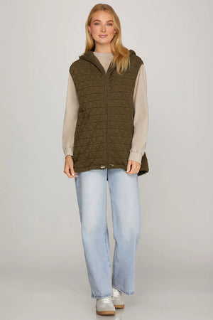 SHE AND SKY Women's Outerwear Zip Up Hooded Quilt Vest With Front Pocket And Drawstring Hem
