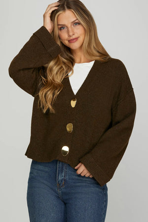 SHE AND SKY Women's Sweaters BROWN / S Long Sleeve Button Down Knit Sweater Cardigan SY9260