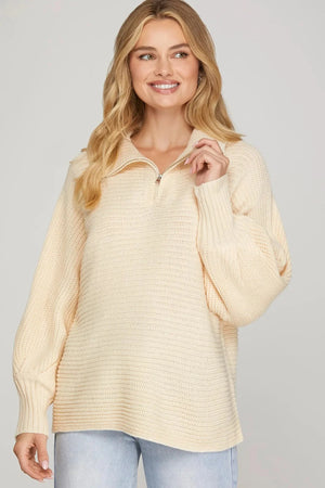 SHE AND SKY Women's Sweaters CREAM / S Long Sleeve Half Zip Batwing Sweater SY9412